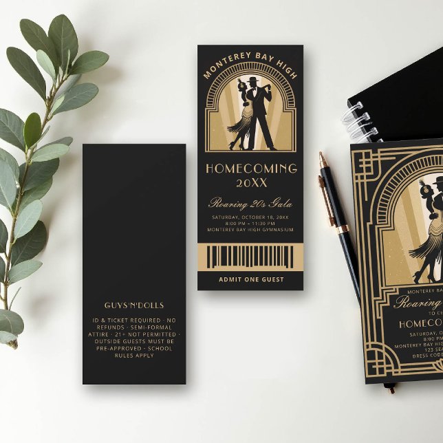 Invitation Billet Art déco du bal Art déco des années 20 (homecoming prom school event ticket roaring 20s gatsby flapper dancing black gold)