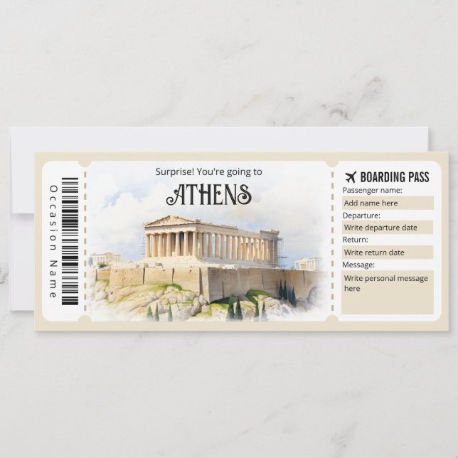 Invitation Billet Avion Athènes modifiable, Voyage en Grèce (Devant)