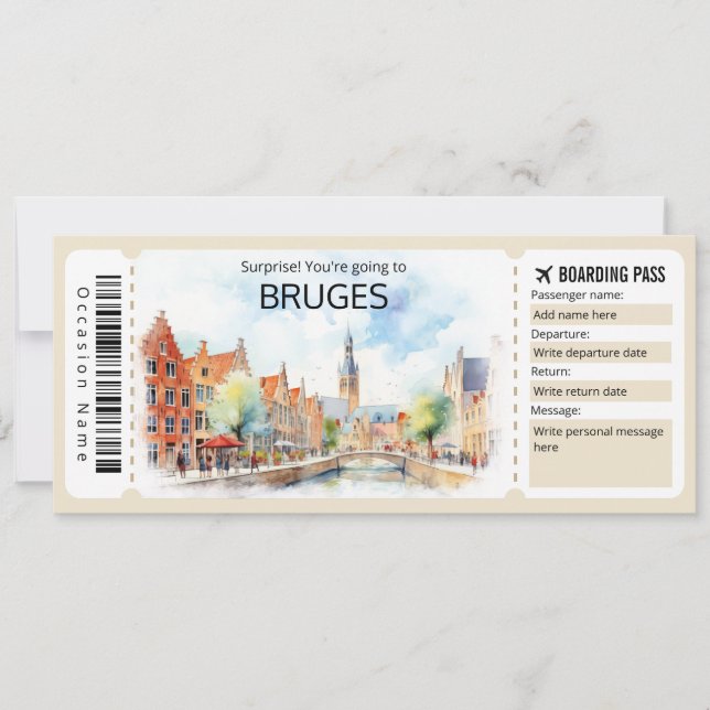 Invitation Billet Avion Bruges modifiable, Voyage Belgique (Devant)