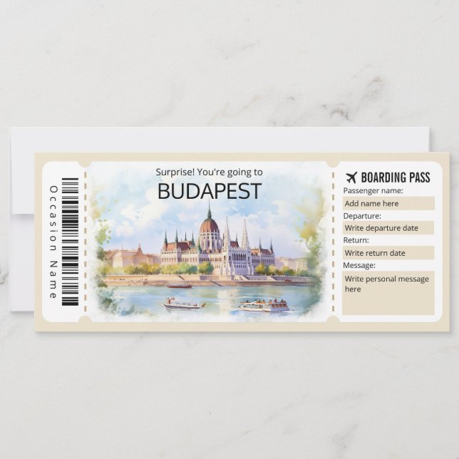 Invitation Billet Avion Budapest modifiable, Voyage Hongrie (Devant)