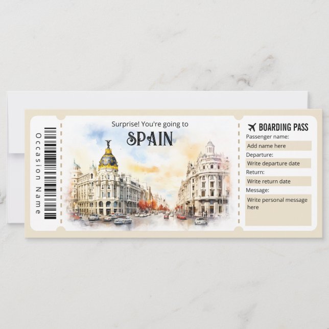 Invitation Billet avion Espagne modifiable, Voyage Espagne (Devant)