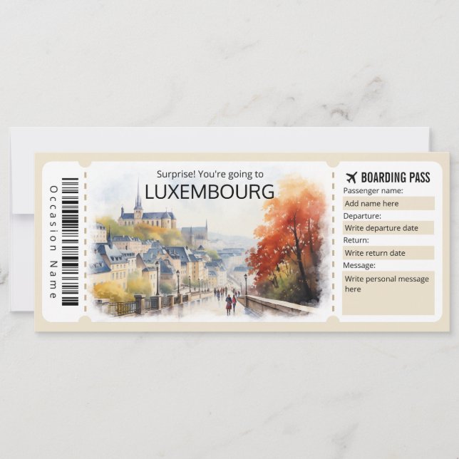 Invitation Billet Avion Luxembourg modifiable, Voyage Luxembo (Devant)