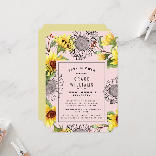 Invitation Billet Baby shower de tournesol rose et jaune (Devant/Arrière en situation)
