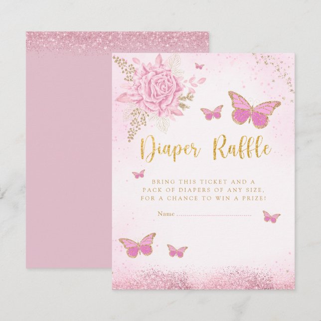Invitation Billet Baby shower Papillon rose Refle (Devant / Derrière)