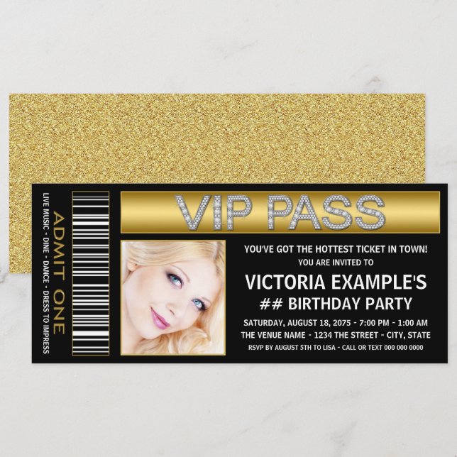 Invitation Billet Black Gold VIP Pass Anniversaire (Devant / Derrière)