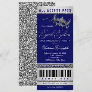Invitation Billet Bleu Silver Sweet 16 Masquerade Party