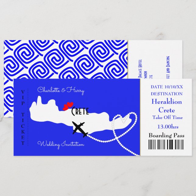 Invitation Billet Boarding Pass Mariage Destination Crète (Devant / Derrière)