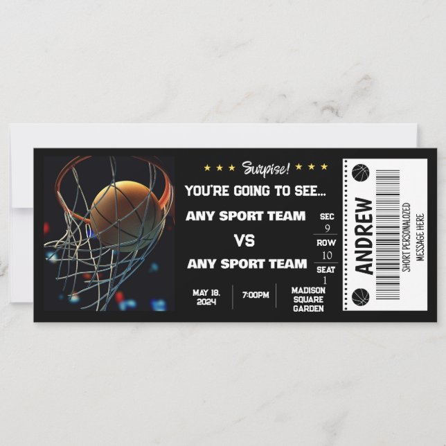 Invitation BILLET Cadeau BASKET-BALL SURPRISE (Devant)