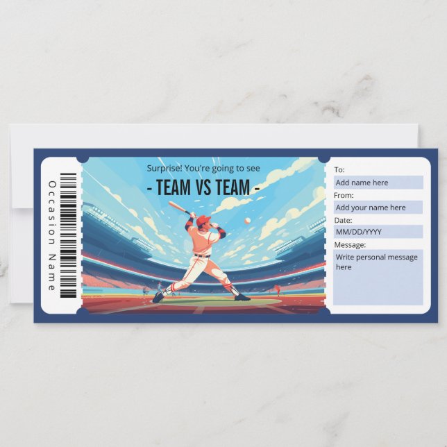 Invitation Billet cadeau de match de baseball surprise (Devant)