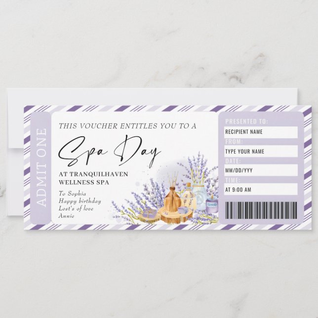 Invitation Billet cadeau Jour Spa personnel Billet Anniversai (Devant)