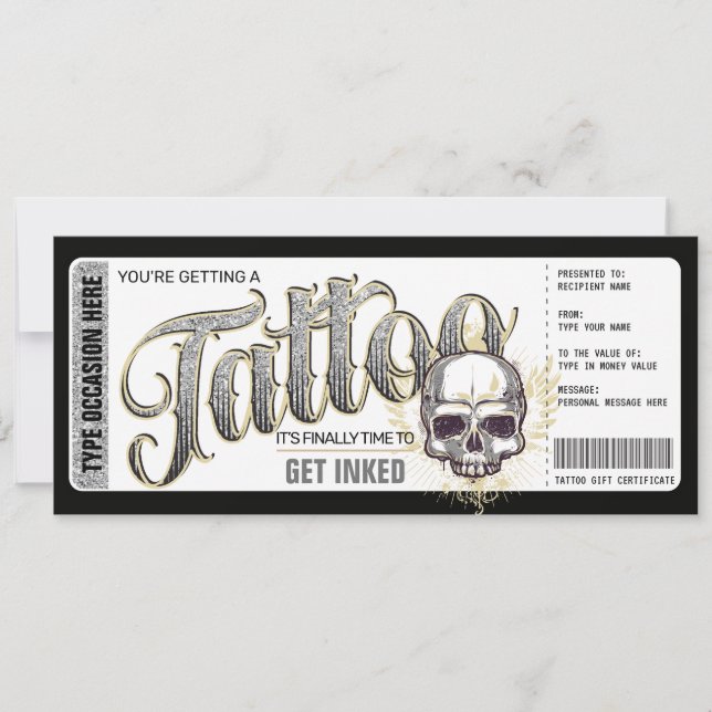 Invitation Billet cadeau pour un tatouage Tattoo Get Inked (Devant)