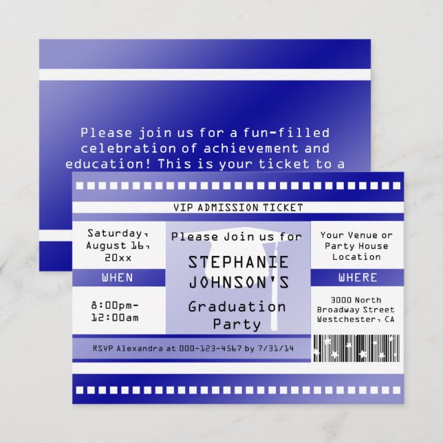 Invitation Billet d'admission Blue Graduation ou Party (Devant / Derrière)