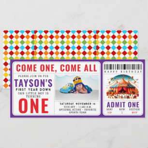 Invitation Billet d'anniversaire 1 an Cirque Carnaval Mignon