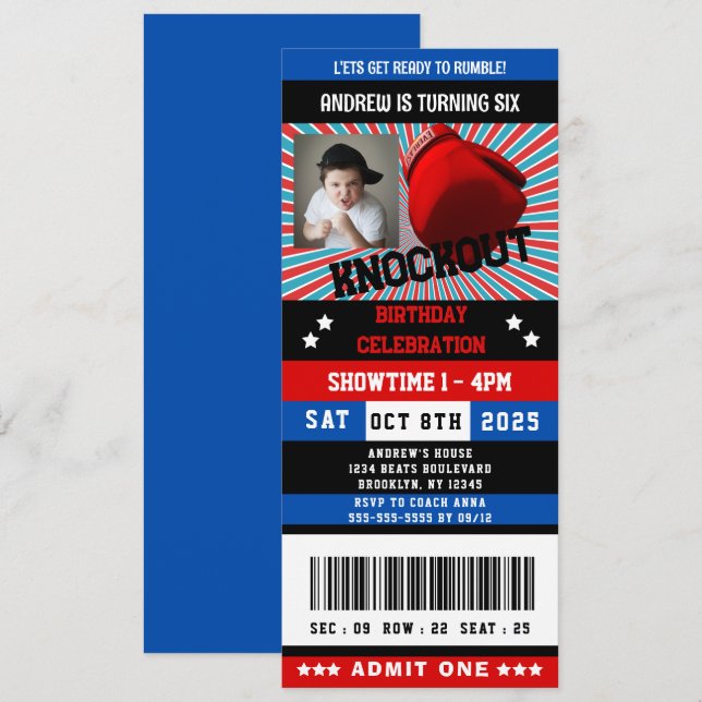 Invitation Billet d'anniversaire noir rouge Boxe bleue Photo (Devant / Derrière)