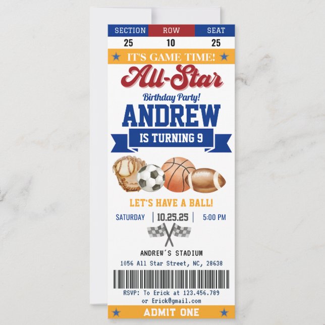 Invitation Billet d'anniversaire personnel All Star Sport pou (Devant)