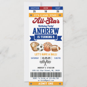 Invitation Billet d'anniversaire personnel All Star Sport pou