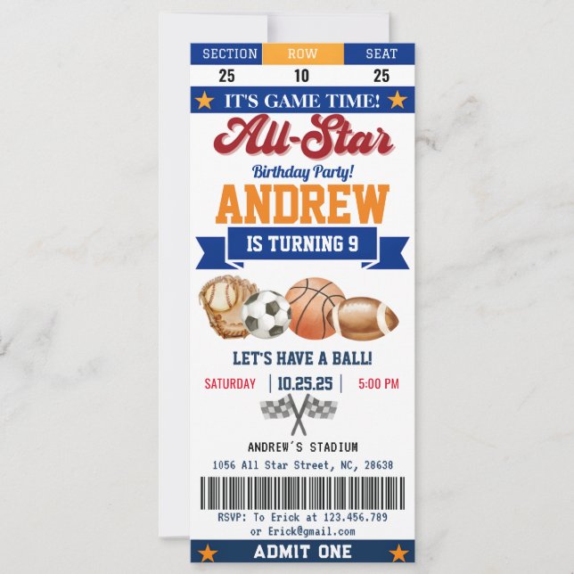 Invitation Billet d'anniversaire personnel All Star Sport pou (Devant)