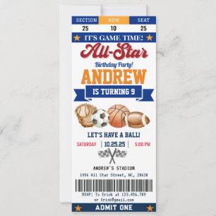Invitation Billet d'anniversaire personnel All Star Sport pou