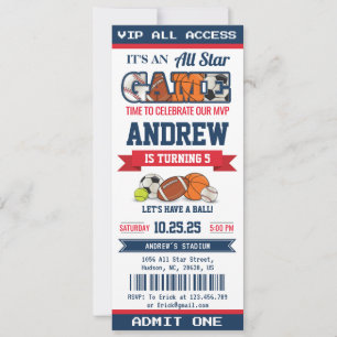 Invitation Billet d'anniversaire personnel All Star Sport pou