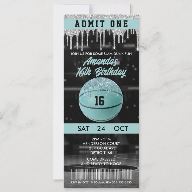 Invitation Billet d'anniversaire pour filles turquoises (Devant)