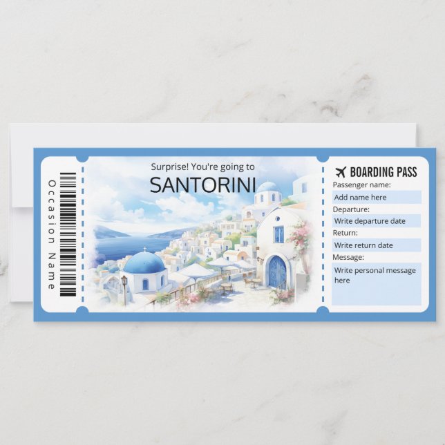 Invitation Billet d'avion Santorini modifiable, Voyage en Grè (Devant)