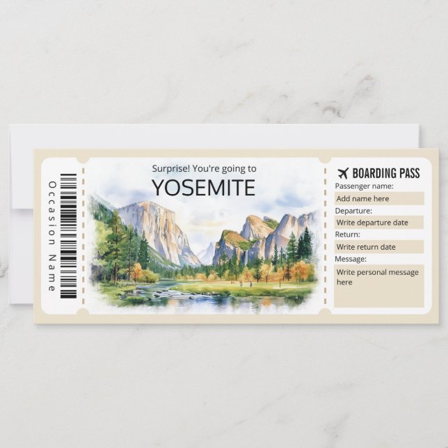 Invitation Billet d'avion Yosemite modifiable, Voyage Yosemit (Devant)