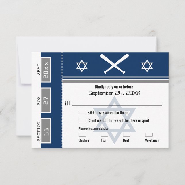 Invitation Billet de base-ball Bar Mitzvah RSVP avec choix de (Devant)