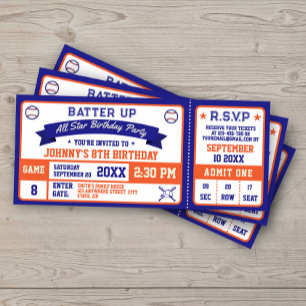 Invitation Billet de baseball Anniversaire Fête Bleu Orange