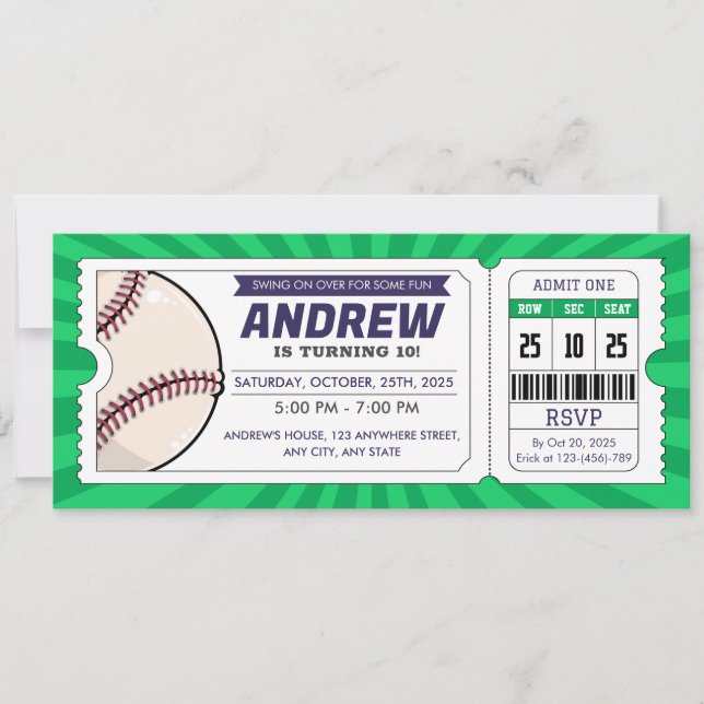Invitation Billet de baseball anniversaire Rookie de l'année (Devant)