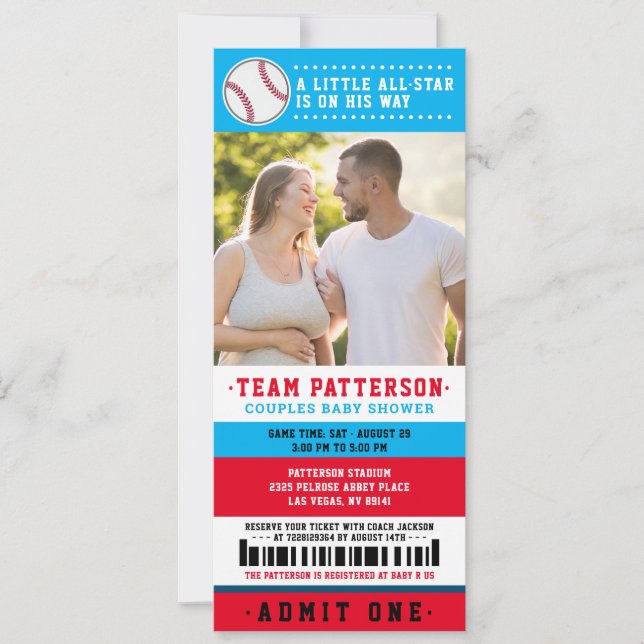 Invitation Billet de baseball bleu rouge Couples Baby shower  (Devant)