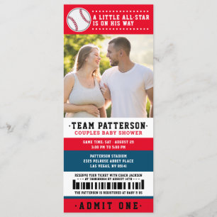 Invitation Billet de baseball bleu rouge Couples Baby shower