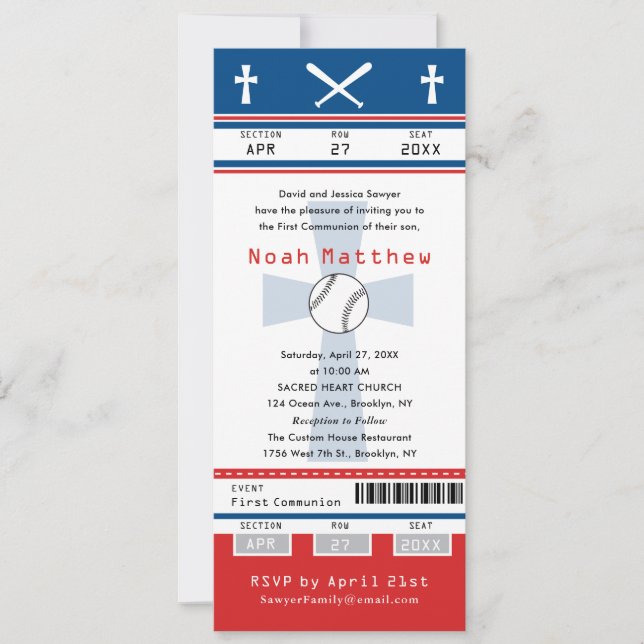 Invitation Billet de baseball Blue Red First Communion (Devant)