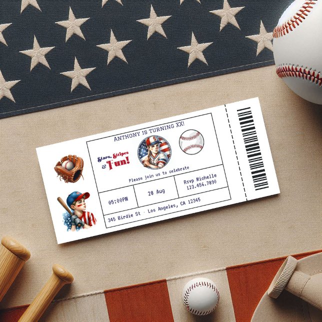 Invitation Billet de baseball de garçon américain fête d'anni (All American Boy Baseball Ticket Birthday Party Invitation)
