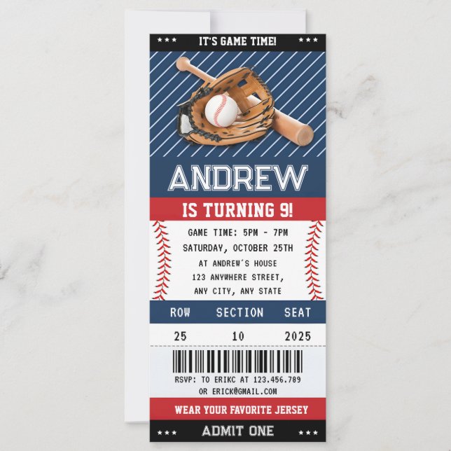 Invitation Billet de baseball personnalisé Anniversaire avec  (Devant)
