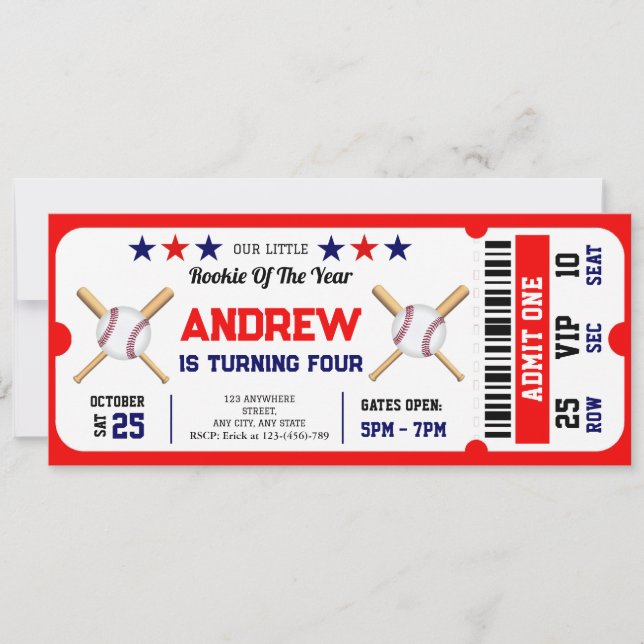 Invitation Billet de baseball personnel Sport d'anniversaire (Devant)
