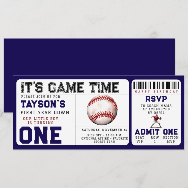 Invitation Billet de baseball "Première année en bas" 1er ann (Devant / Derrière)