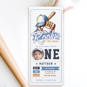 Invitation Billet de baseball Rookie Photo Blue Boy 1er anniv