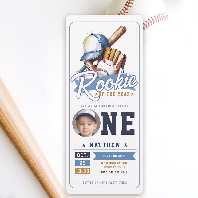 Invitation Billet de baseball Rookie Photo Blue Boy 1er anniv (rookie of the year 1st birthday invite boy baseball theme sports ticket blue brown photo template)