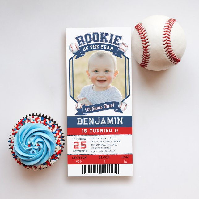 Invitation Billet de baseball Rookie Red Blue Boy 1er anniver (boy 1st birthday invitation baseball ticket rookie of the year photo template blue red white game)