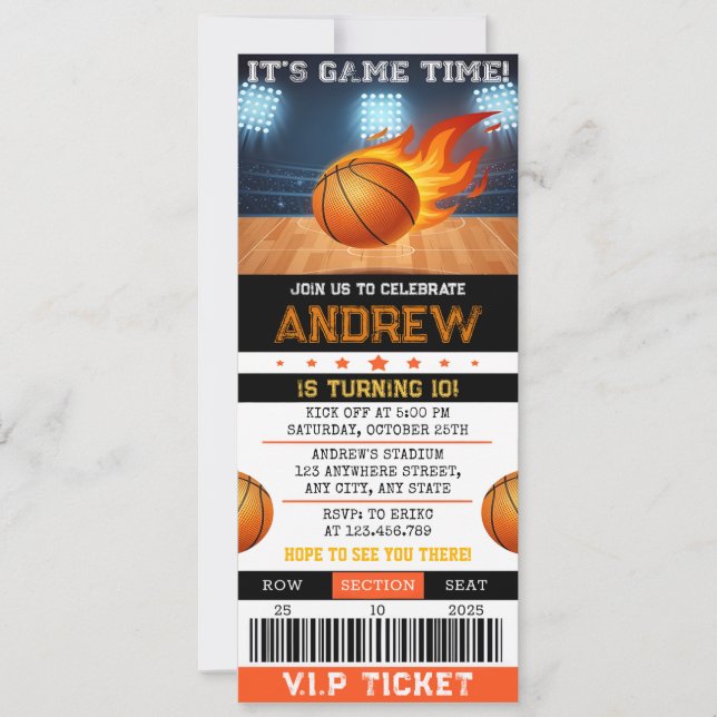 Invitation Billet de basket-ball personnel moderne Anniversai (Devant)