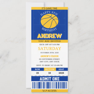 Invitation Billet de basket personnel Bleu et Jaune Anniversa