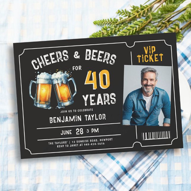 Invitation Billet de bière Hommes Noir 40e anniversaire Photo (cheers and beers 40 years men birthday party invitation with photo black white orange ticket rustic)