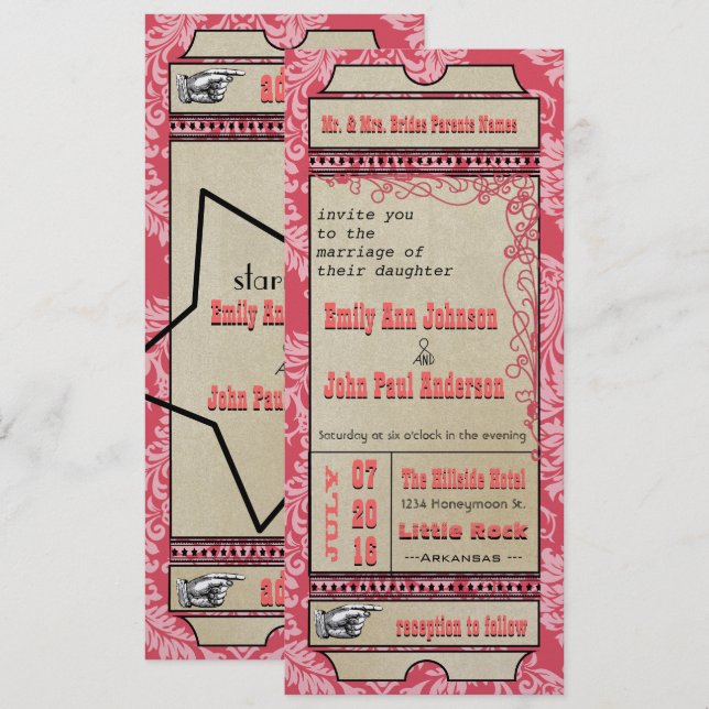 Invitation Billet de Broadway Playbill Mariage framboise rose (Devant / Derrière)