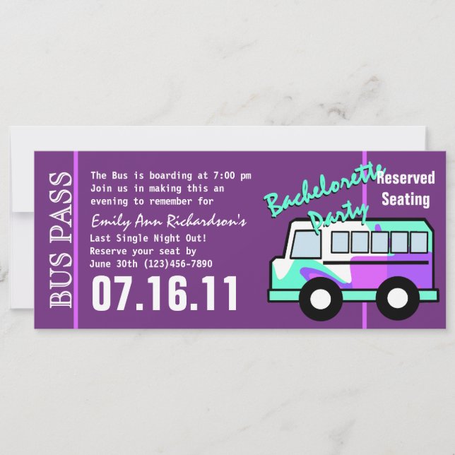 Invitation Billet de bus pour l'enterrement de vie de jeune f (Devant)