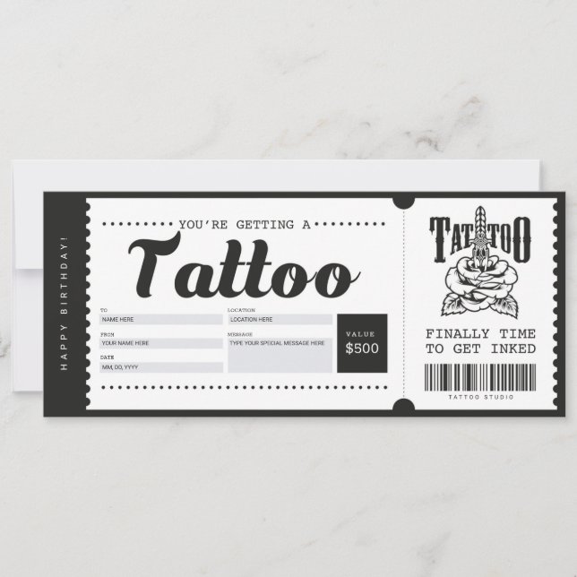 Invitation Billet de carte-cadeau de tatouage Certificat Chèq (Devant)