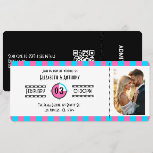 Invitation Billet de Cinéma Bleu Néon, Rose Chaud et Noir