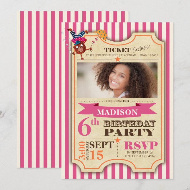 Invitation Billet de cirque | Fille d'anniversaire | Invitati (Devant / Derrière)