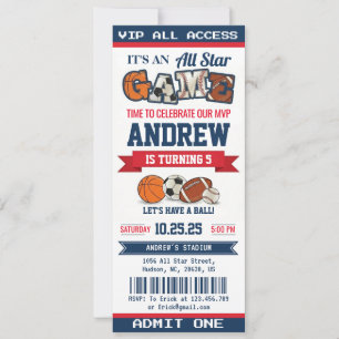 Invitation Billet de fête d'anniversaire pour enfant, Sport T