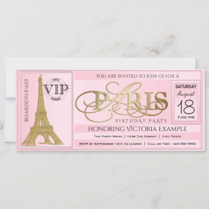 Invitation Billet de fête d'anniversaire rose Paris