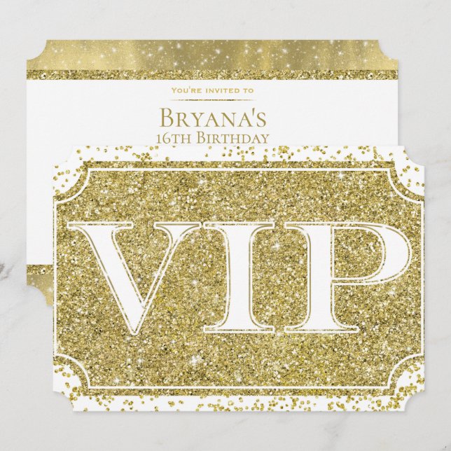 Invitation Billet de fête VIP Glitter Confetti Or Blanc (Devant / Derrière)